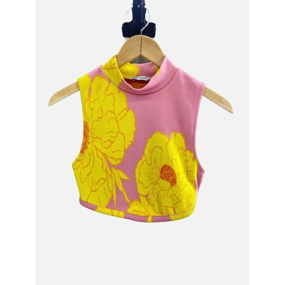Zara Pink Yellow Floral Mock Neck Crop Top Sleeveless Size Small - Picture 2 of 4